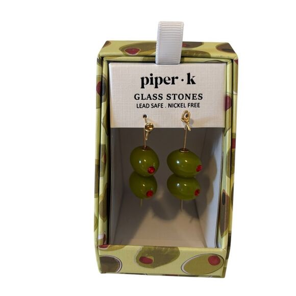 Piper.K Double Drop Green Glass Martini Olive Earrings. - Picture 6 of 6